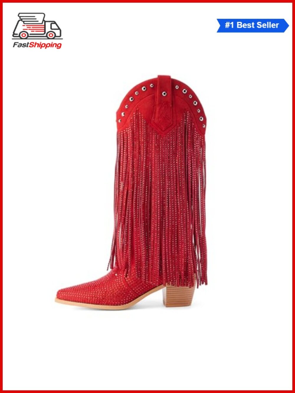 ✨ Rhinestone Fringe Cowgirl Boots Pointed Toe Block Heel Pull On Mid Calf